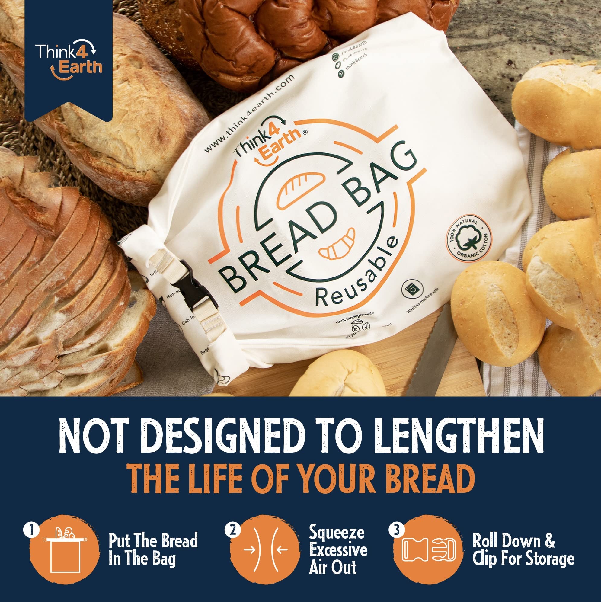 Think4Earth - Reusable Organic Cotton Bread Bag For Homemade Bread Large|Premium Quality Bread Bags-Unique Cotton Bags For Bread